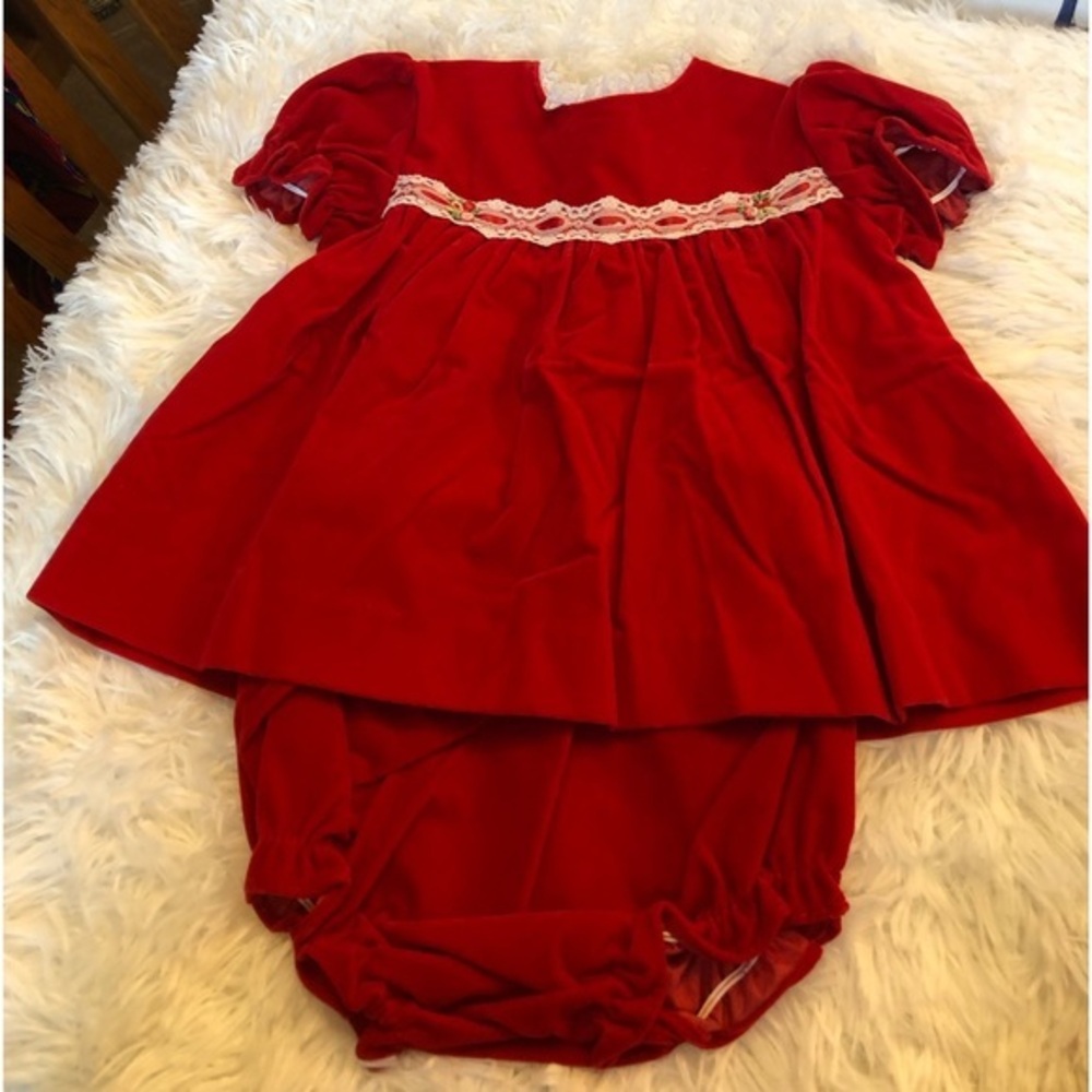 Vintage Velveteen Baby Girl Christmas Dress Bloomers Cutest One Brand 24 Month